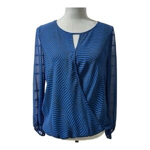 Vince Camuto Womens Blouse Striped Blue Black Keyhole Faux Wrap size S
